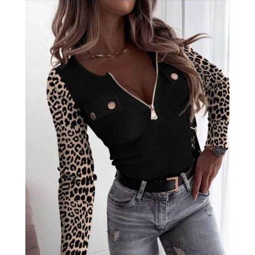 Kadın Uzun Kollu Leopar Desenli Fermuarlı önden Cep Ve Düğme Detaylı Kaşkorse Bluz