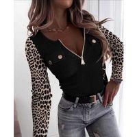 Kadın Uzun Kollu Leopar Desenli Fermuarlı önden Cep Ve Düğme Detaylı Kaşkorse Bluz