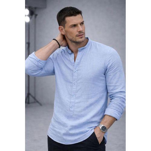 Hafif ve Nefes Alabilir Erkek Müslin Yarım Pat Hakim Yaka Oversize Gömlek - Buz Mavi