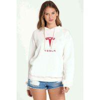 Tesla Motors Logo Baskılı Beyaz Kadın Kapşonlu Sweatshirt