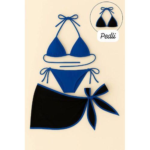 Kadın Mavi Pareolu 3’lü Bikini Takımı Yandan Ve Boyundan Bağlamalı Pedli Şık Plaj Seti