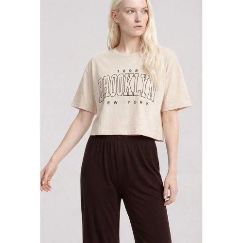 Kadın Kum Kahve Baskılı Crop T-shirt Ve Pantolon Takım Rahat Günlük Kombin