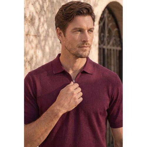 Linus Fermuarlı Polo Yaka Kısa Kollu İnce Triko Erkek T-Shirt - Bordo