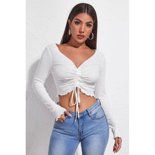 Kadın Beyaz Uzun Kollu Büzdürme Bağcık Detaylı Crop Top Bluz