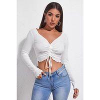 Kadın Beyaz Uzun Kollu Büzdürme Bağcık Detaylı Crop Top Bluz