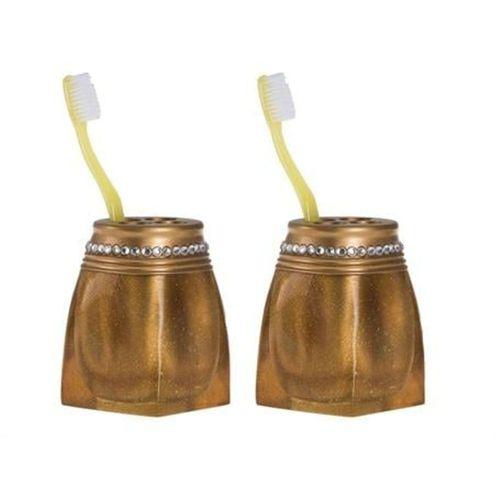 2 Adet Diş Fırçalık Taşlı Altın Poliresin 7X7X10Cm Banyo Seti
