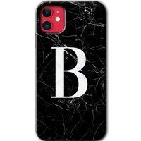 iPhone 11 Kılıf Baskılı Kapak - Siyah Mermer Desenli B Harfi + 5D Tam Kaplayan Cam
