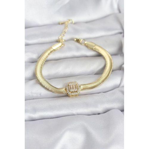 316L Çelik Gold Renk Baget Zirkon Taşlı Yılan Zincirli Kadın Bileklik