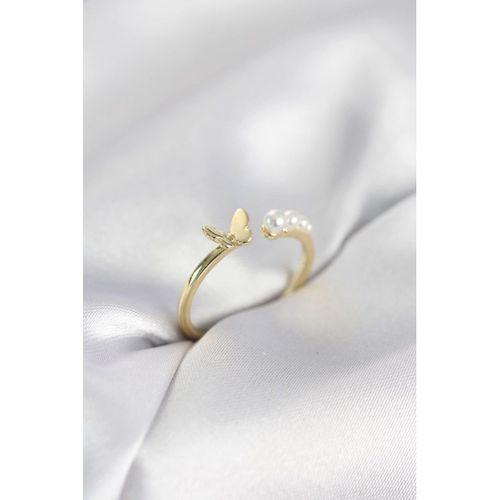 İncili Kelebek Model Gold Renk Pirinç Kadın Yüzük