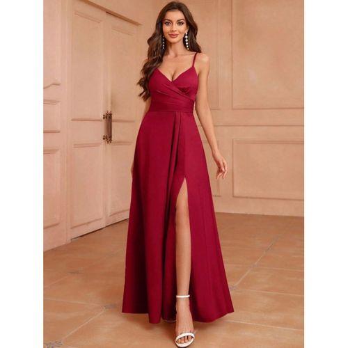 Kadın Ip Askılı Kruvaze Yakalı Yırtmaçlı Uzun Ithal Krep Elbise