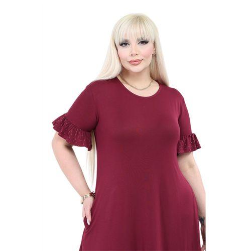 Melsay Butik Kolları Taş Baskılı Fırfırlı Kısa Kollu Bordo Kadın Midi Elbise