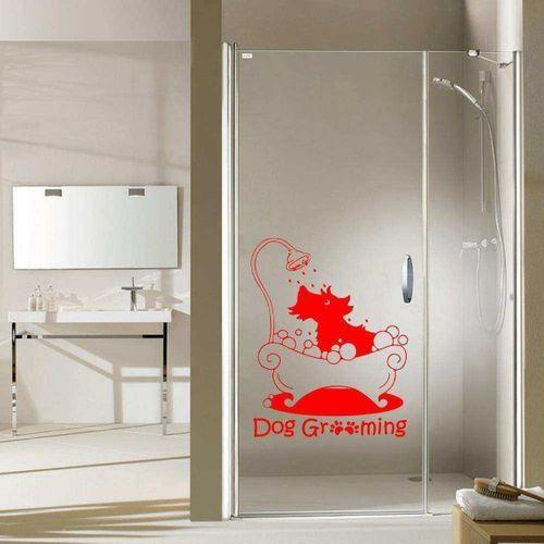 Dog Grooming Yazılı Duşta Sevimli Köpek Silüeti Dekoratif Banyo Duvar Sticker, Çıkartma, Etiket Kırmızı