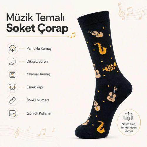 Kadın Müzik Enstrüman Desenli Soket Çorap 36-40 | Pamuklu Dikişsiz Siyah Uzun Konç Hediyelik