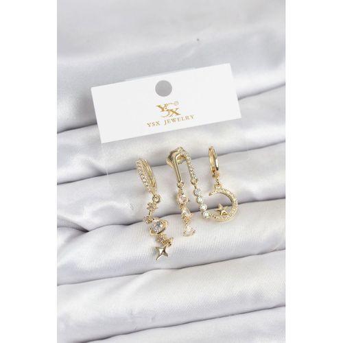 Pirinç Gold Renk Zirkon Taşlı Uzay Model YSX Trio Küpe Seti