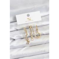 Pirinç Gold Renk Zirkon Taşlı Uzay Model YSX Trio Küpe Seti