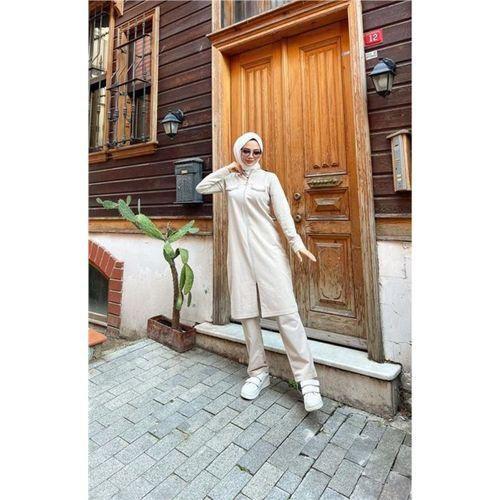 Fermuarlı Uzun Tunik Pantolon Spor İkili Takım - 03058.027 - Ekru