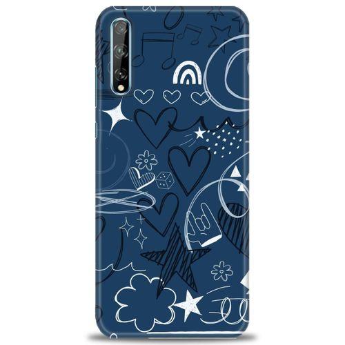 Huawei P Smart S Kılıf HD Baskılı Kılıf - Notalar ve Kalpler Mavi + Tam Ekran Koruyucu