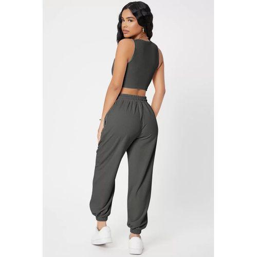 Kadın Antrasit Gri Kaşkorse Cepli Jogger Eşofman Altı Ve Crop Top Bluz