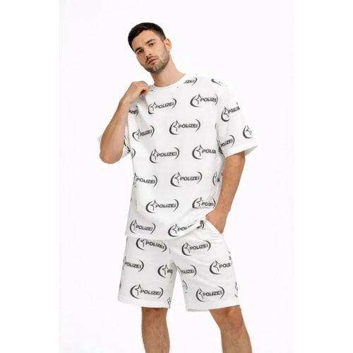 Erkek Oversize Ön Ve Arka Baskılı Tişört Şort Takım Rahat Kalıp Yazlık Günlük Kombin - Beyaz