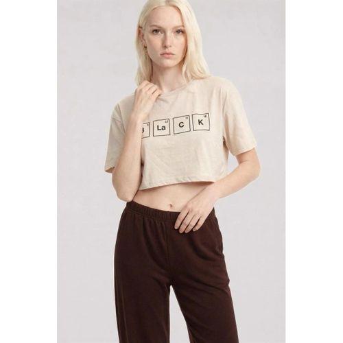 Kadın Kum Kahve Baskılı Crop T-shirt Pantolon Takım Rahat Günlük Spor Şık İkili Set