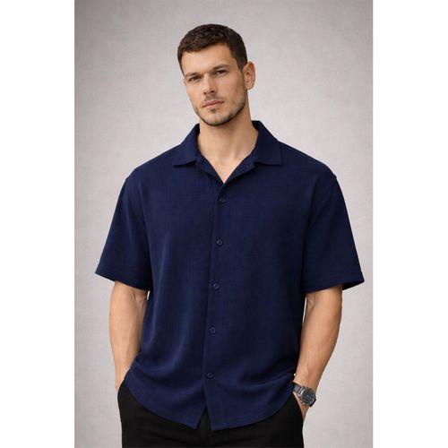 Yarım Oversize Apaş Yaka Kısa Kol Müslin Kumaş Erkek Gömlek - Lacivert