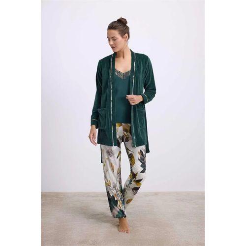 Kadife Sabahlık, Dantelli Atlet Ve Desenli Pantolon Pijama Takımı