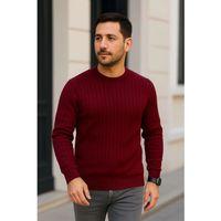 Erkek Bisiklet Yuvarlak Yaka Triko Kazak Pamuklu Kalın Fitilli Dokuma, Regular Fit Uzun Kollu Kışlık Model - Bordo