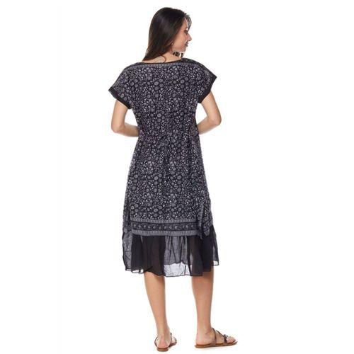 Siyah Çiçek Desenli Vual Midi Elbise-6098