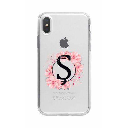 iPhone Xs Max Pembe Çiçek Desen Ş Harfli Şeffaf Kılıf