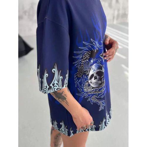 Pilelistore Unisex Bisiklet Yaka Baskılı Oversize T-Shirt - Lacivert