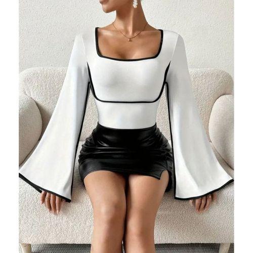 Kadın U Yaka Siyah şerit Detyalı Yarasa Kol Dalgıç Kumaş Arabiyeli Bluz