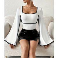 Kadın U Yaka Siyah şerit Detyalı Yarasa Kol Dalgıç Kumaş Arabiyeli Bluz