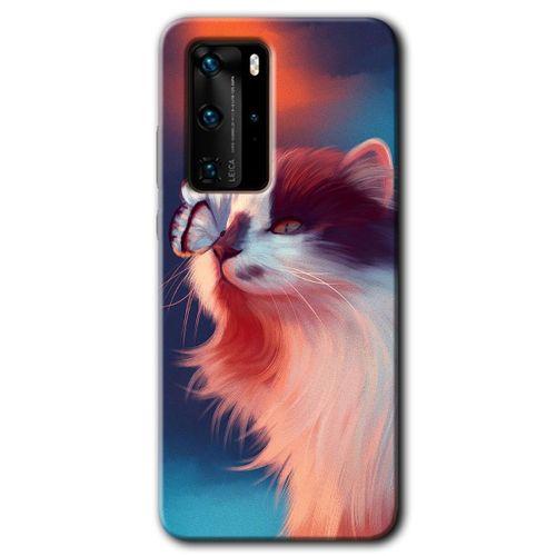 MRCİLETİSİM Huawei P40 Pro Kılıf HD Desen Baskılı Arka Kapak + Temperli Cam - Cat Butterfly
