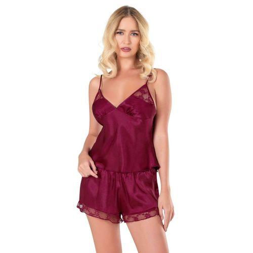 Bordo Saten Babydoll Şort Takımı