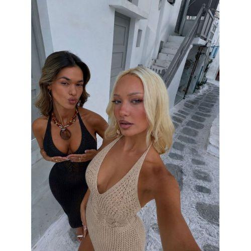 Kadın Halter Yaka Sırt Dekolteli Mayo Bikini üstü Full Transparan Pareo Elbise