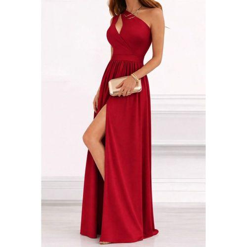 Kadın Omuzlardan Açık Asimetrik Yaka Detaylı Yırtmaçlı Maksi Boy Janjan Krep Elbise