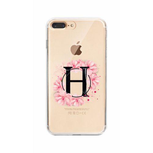iPhone 7 Plus Pembe Çiçek Desen H Harfli Şeffaf Kılıf