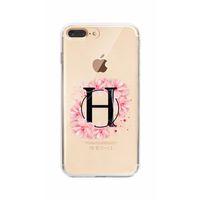 iPhone 7 Plus Pembe Çiçek Desen H Harfli Şeffaf Kılıf