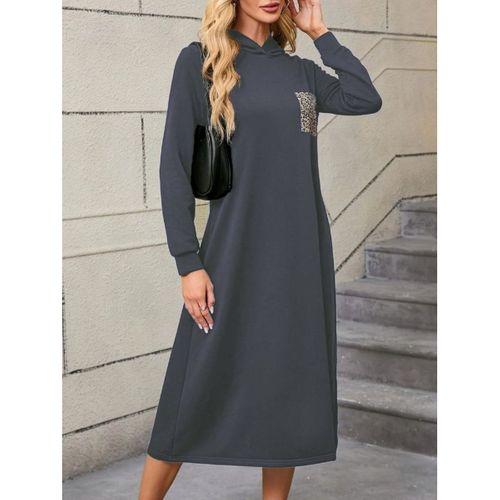 Kadın Uzun Kollu Kapşonlu Cep Detaylı Viskon Iki Iplik Maxi Elbise