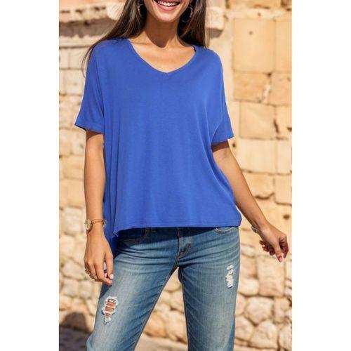 bvea store Kadın Moda Rahat Mevsimlik V Yaka Salaş Tişört Saks