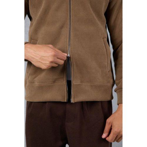 Ron Selanik Örme İçi Peluş Çift Fermuarlı Dik Yaka Erkek Hırka Sweatshirt - Vizon