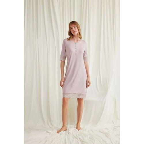 Dantel Detaylı Kısa Kollu Ve Önü Düğmeli Gecelik