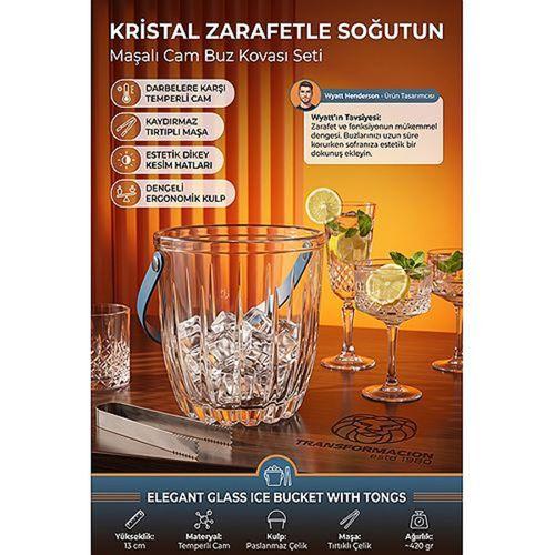 Maşalı Cam Buz Kovası Şık Kristal Kesim Kulplu Isıya Dayanıklı Sunum Ve Kokteyl Servis Seti  723481