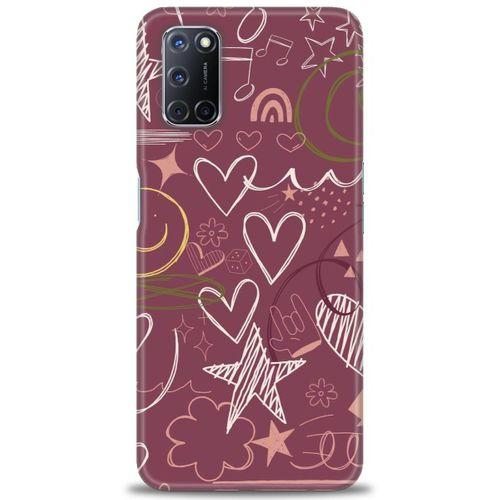 Oppo A52 Kılıf HD Baskılı Kılıf - Notalar ve Kalpler Bordo + Tam Ekran Koruyucu