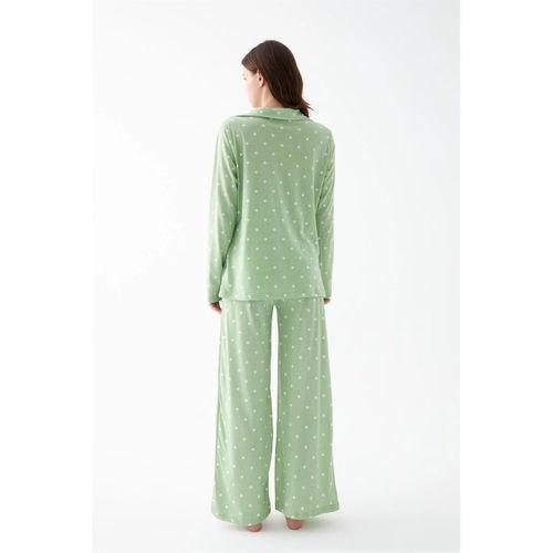 Kadın Yeşil Kalp Desenli Düğmeli Pamuklu Pijama Takımı