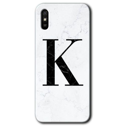 BeRa Aksesuar Xiaomi Redmi 9A Kılıf Baskılı Kapak - Beyaz Mermer Desenli K Harfi +Tam Kaplayan Mat Seramik