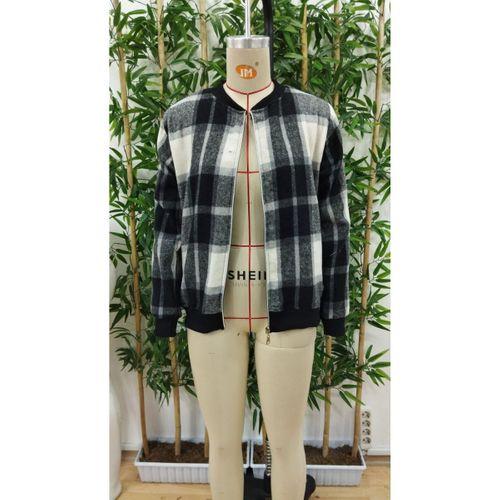 Kadın Uzun Kollu önden Fermuarlı Ekose Desenli Ceket