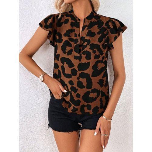 Kadın Kısa Fırfır Kollu V Yakalı Leopar Desenli Süprem Bluz