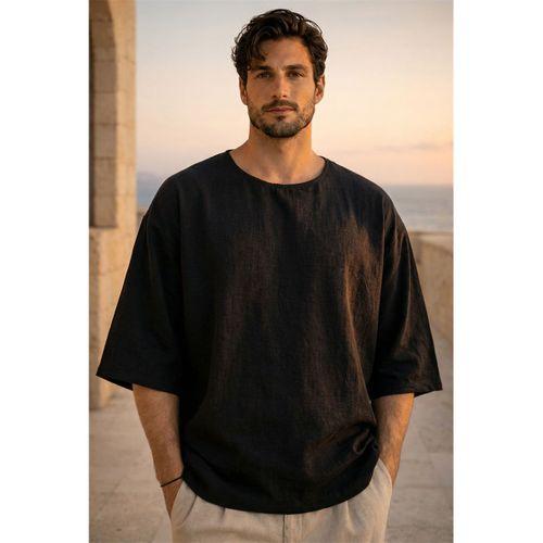 Castiel Bisiklet Yaka Fakir Kol Oversize Kısa Kol T-shirt - Siyah