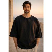 Castiel Bisiklet Yaka Fakir Kol Oversize Kısa Kol T-shirt - Siyah